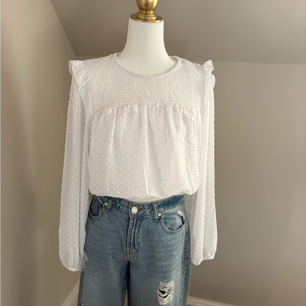 Women's White Swiss Dot Long Sleeve Blouse